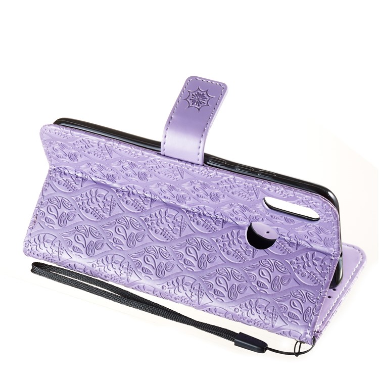 Imprint Leaf Wallet Stand Leather Case with Strap for Huawei P Smart (2019)/Honor 10 Lite - Purple-6