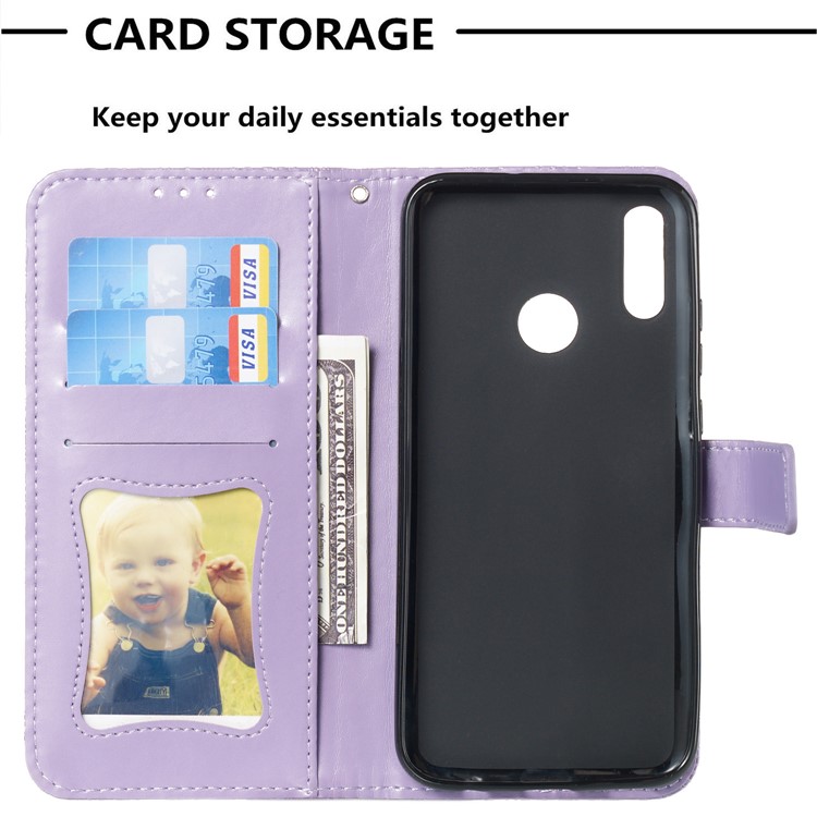 Imprint Leaf Wallet Stand Leather Case with Strap for Huawei P Smart (2019)/Honor 10 Lite - Purple-8