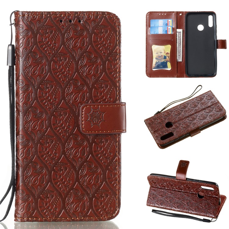 Imprint Leaf Wallet Stand Leather Case with Strap for Huawei P Smart (2019)/Honor 10 Lite - Brown-1