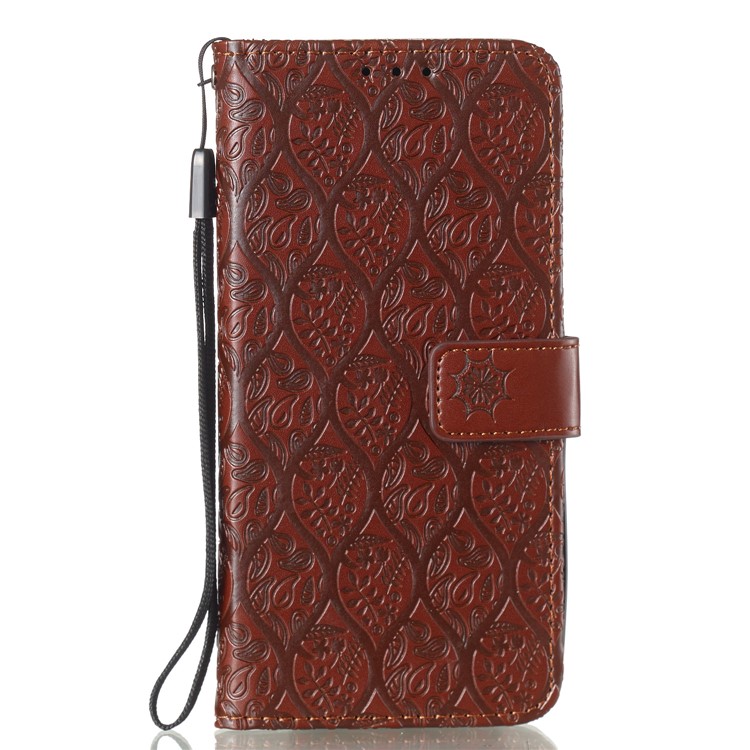 Imprint Leaf Wallet Stand Leather Case with Strap for Huawei P Smart (2019)/Honor 10 Lite - Brown-2