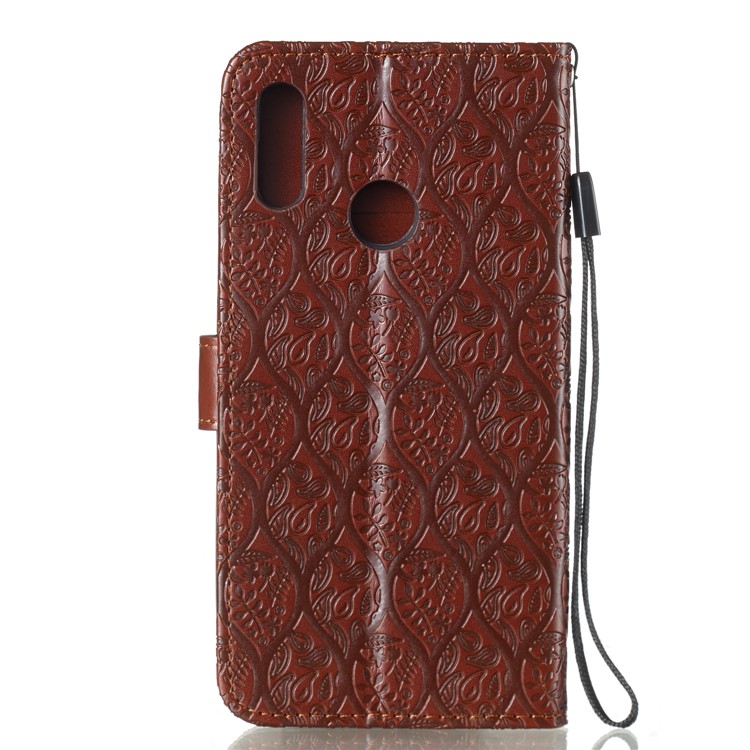 Imprint Leaf Wallet Stand Leather Case with Strap for Huawei P Smart (2019)/Honor 10 Lite - Brown-3