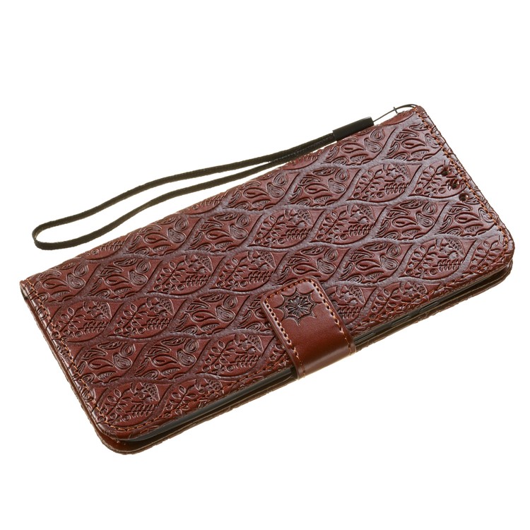Imprint Leaf Wallet Stand Leather Case with Strap for Huawei P Smart (2019)/Honor 10 Lite - Brown-4