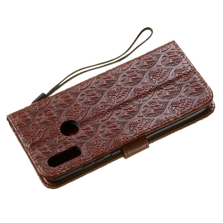 Imprint Leaf Wallet Stand Leather Case with Strap for Huawei P Smart (2019)/Honor 10 Lite - Brown-5