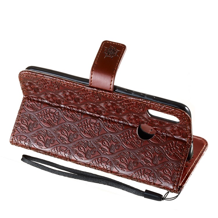 Imprint Leaf Wallet Stand Leather Case with Strap for Huawei P Smart (2019)/Honor 10 Lite - Brown-6