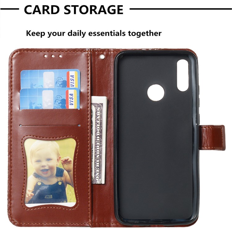 Imprint Leaf Wallet Stand Leather Case with Strap for Huawei P Smart (2019)/Honor 10 Lite - Brown-8