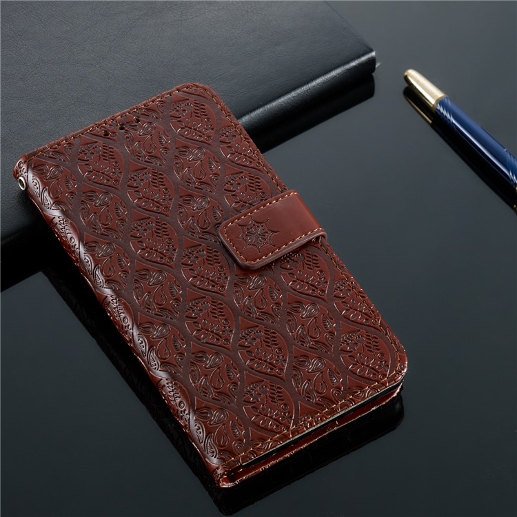 Imprint Leaf Wallet Stand Leather Case with Strap for Huawei P Smart (2019)/Honor 10 Lite - Brown-9