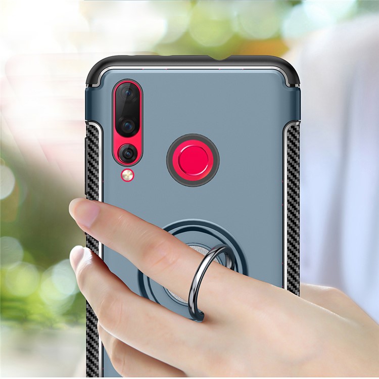 For Huawei nova 4 Carbon Fiber Texture TPU PC Combo Cover Protector with Magnetic Ring Holder - Baby Blue-2