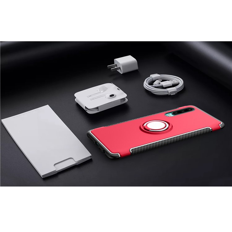 Carbon Fiber Texture TPU PC Hybrid Phone Cover Case with Magnetic Ring Holder for Huawei P30 - Red-14