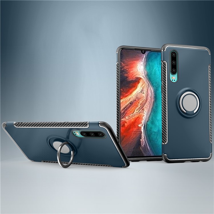 Carbon Fiber Texture TPU PC Hybrid Phone Cover Case with Magnetic Ring Holder for Huawei P30 - Baby Blue-1