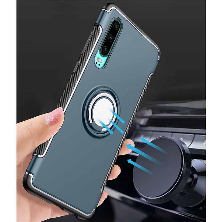 Carbon Fiber Texture TPU PC Hybrid Phone Cover Case with Magnetic Ring Holder for Huawei P30 - Baby Blue-2