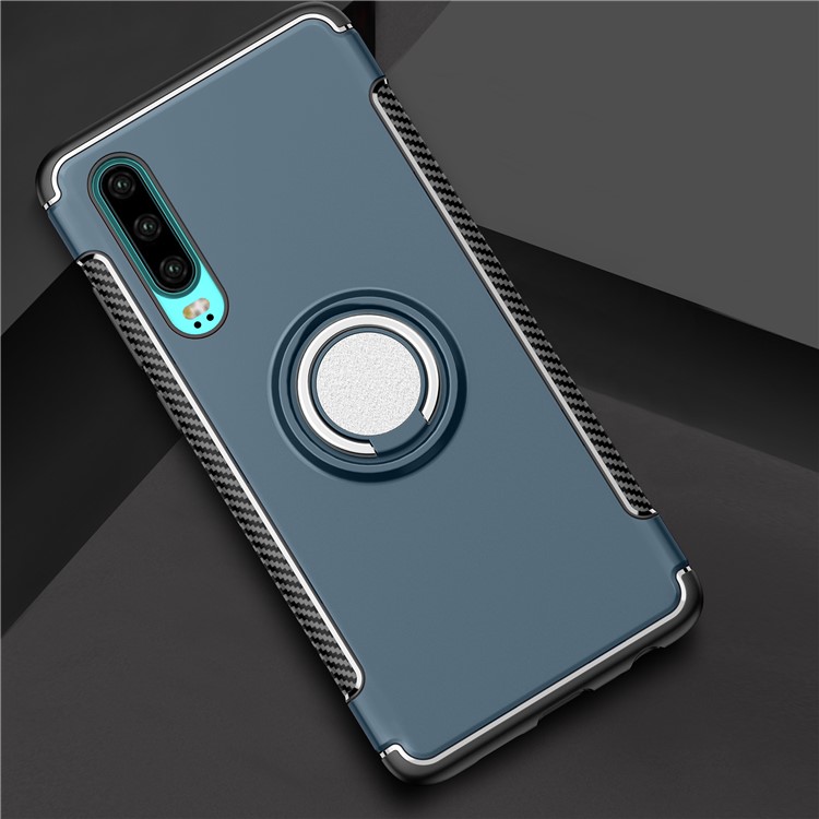 Carbon Fiber Texture TPU PC Hybrid Phone Cover Case with Magnetic Ring Holder for Huawei P30 - Baby Blue-3