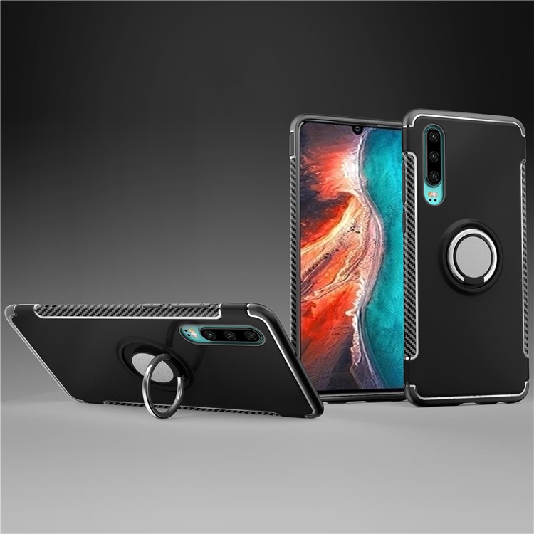 Carbon Fiber Texture TPU PC Hybrid Phone Cover Case with Magnetic Ring Holder for Huawei P30 - Black-1