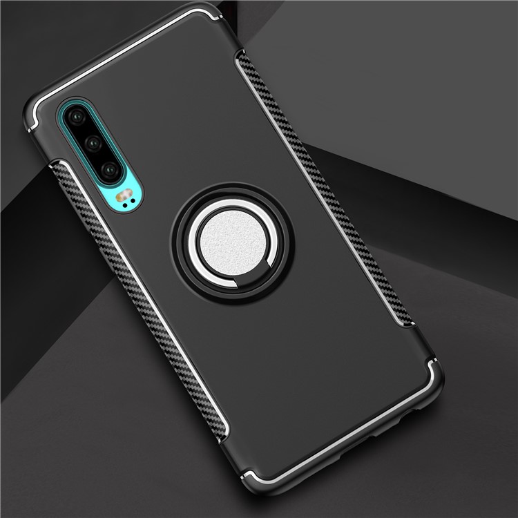Carbon Fiber Texture TPU PC Hybrid Phone Cover Case with Magnetic Ring Holder for Huawei P30 - Black-2