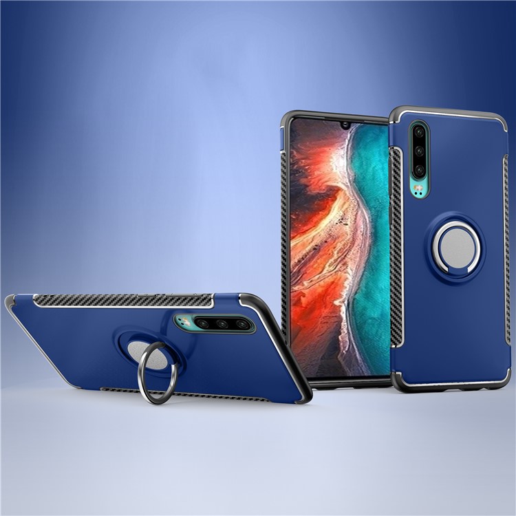 Carbon Fiber Texture TPU PC Hybrid Phone Cover Case with Magnetic Ring Holder for Huawei P30 - Dark Blue-1