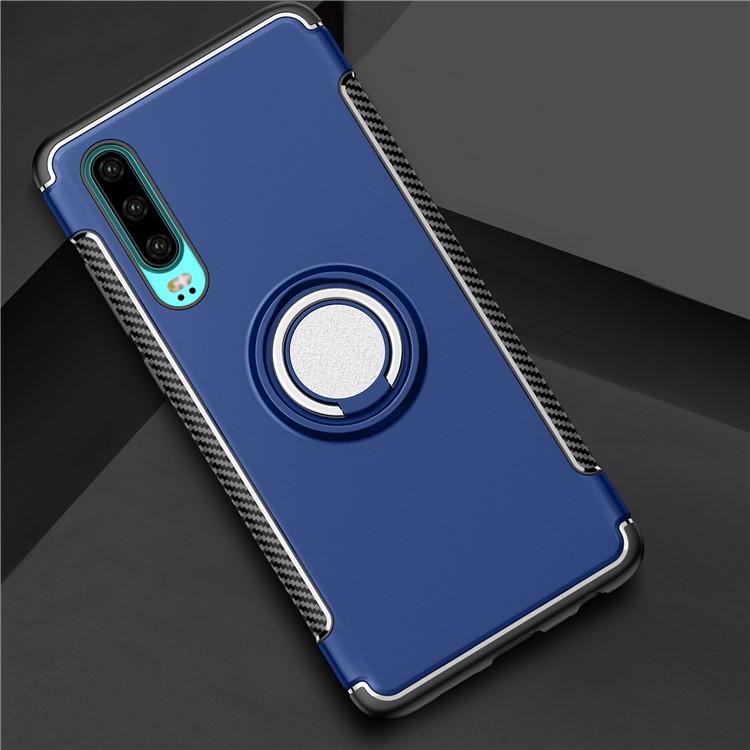 Carbon Fiber Texture TPU PC Hybrid Phone Cover Case with Magnetic Ring Holder for Huawei P30 - Dark Blue-2