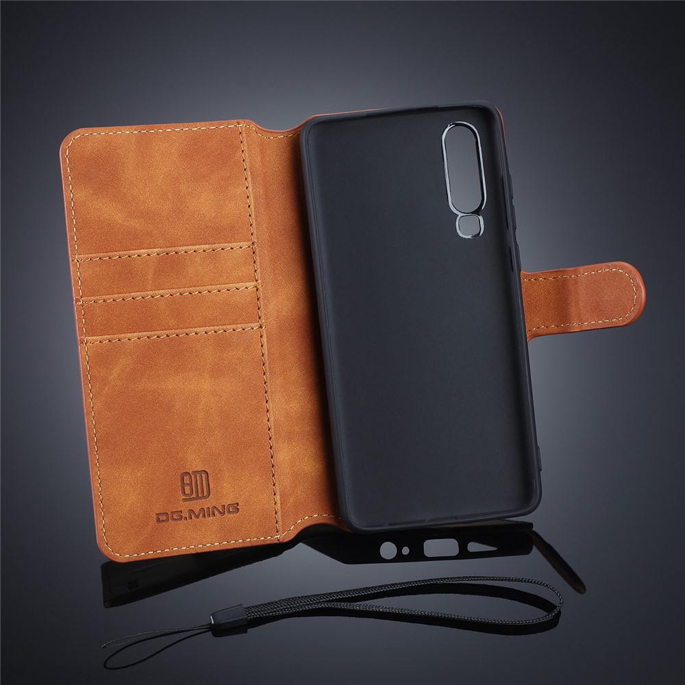 DG.MING Retro Style Leather Wallet Case for Huawei P30 - Brown-3