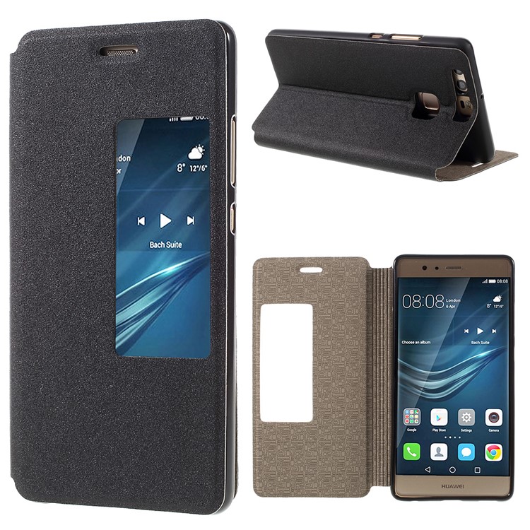 Sand-like View Window Leather Flip Case for Huawei P9 - Black-1