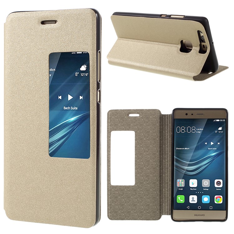 Sand-like View Window Leather Folio Case for Huawei P9 - Gold-1