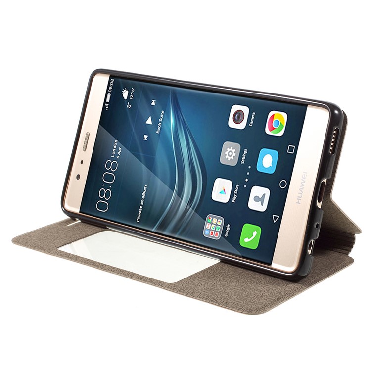 Sand-like View Window Leather Folio Case for Huawei P9 - Gold-4