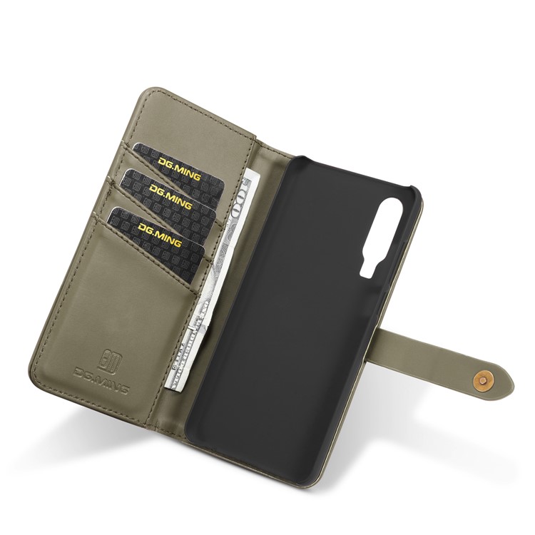 DG.MING Detachable 2-in-1 Split Leather Wallet Shell + PC Back Case for Huawei P30 - Army Green-13