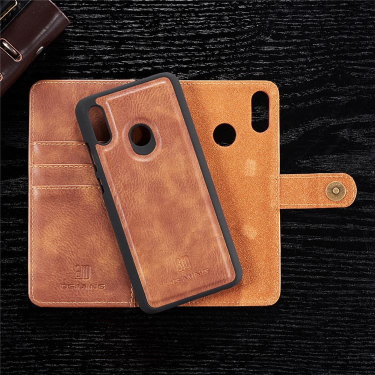 DG.MING Detachable 2-in-1 Split Leather Wallet Shell + PC Back Case for Huawei P Smart (2019) - Brown-9