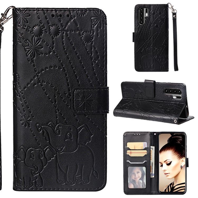 Imprinted Elephant Pattern Leather Wallet Stand Case for Huawei P30 Pro - Black-1