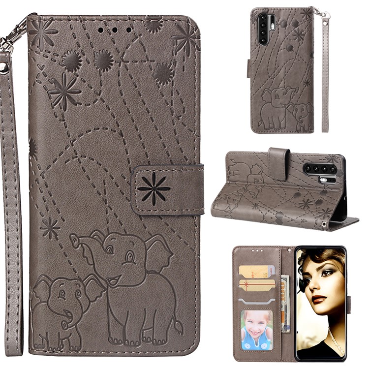 Imprinted Elephant Pattern Leather Wallet Stand Case for Huawei P30 Pro - Grey-1