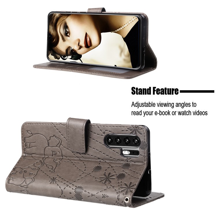 Imprinted Elephant Pattern Leather Wallet Stand Case for Huawei P30 Pro - Grey-4