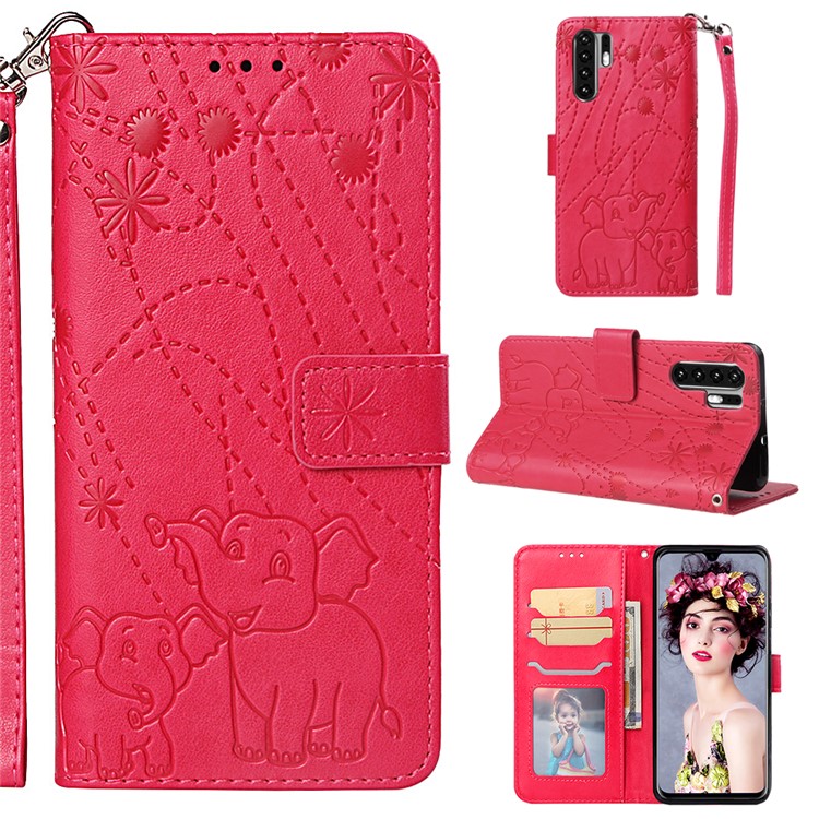 Imprinted Elephant Pattern Leather Wallet Stand Case for Huawei P30 Pro - Rose-1