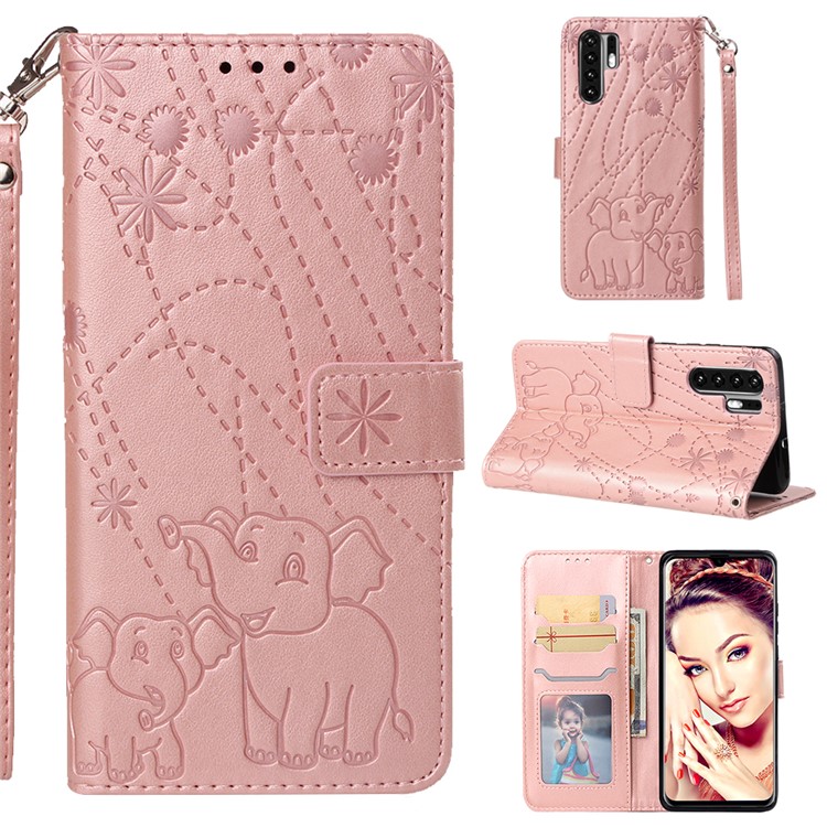 Imprinted Elephant Pattern Leather Wallet Stand Case for Huawei P30 Pro - Rose Gold-1