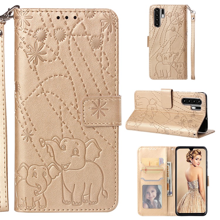 Imprinted Elephant Pattern Leather Wallet Stand Case for Huawei P30 Pro - Gold-1