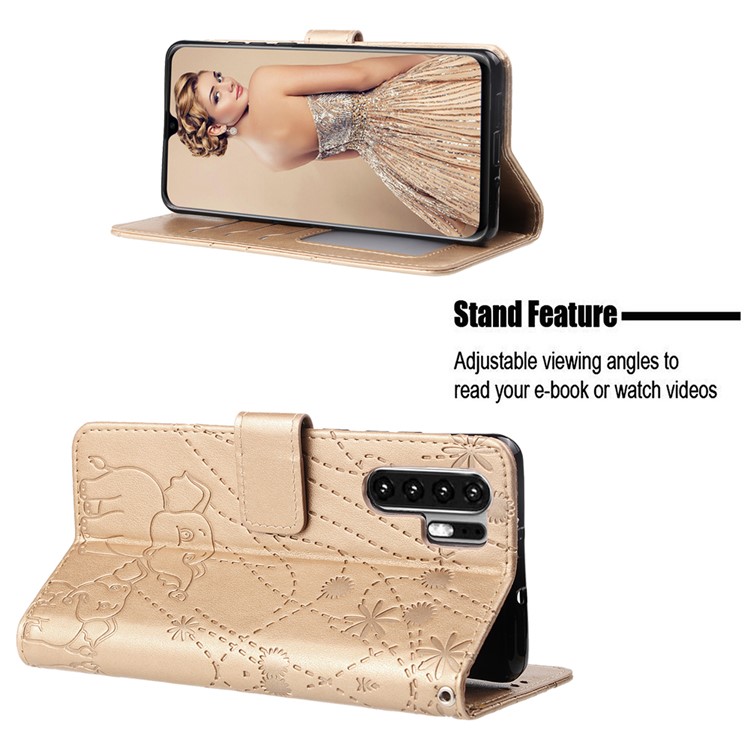 Imprinted Elephant Pattern Leather Wallet Stand Case for Huawei P30 Pro - Gold-4