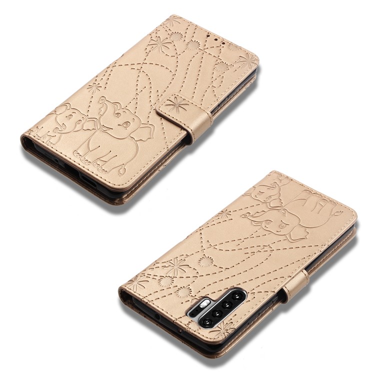 Imprinted Elephant Pattern Leather Wallet Stand Case for Huawei P30 Pro - Gold-8