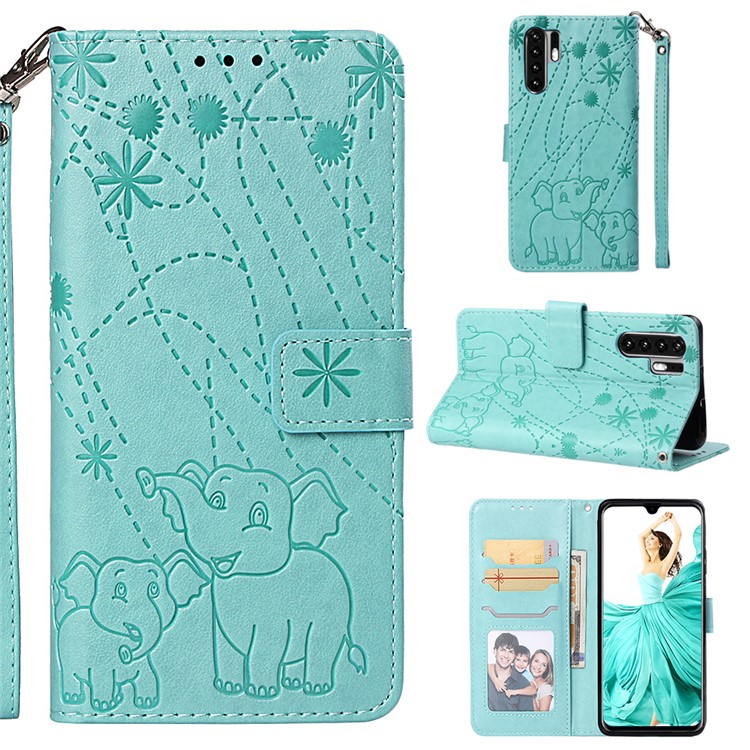 Imprinted Elephant Pattern Leather Wallet Stand Case for Huawei P30 Pro - Cyan-1