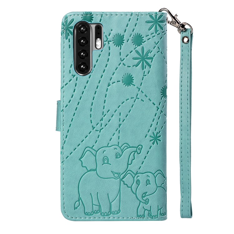Imprinted Elephant Pattern Leather Wallet Stand Case for Huawei P30 Pro - Cyan-3