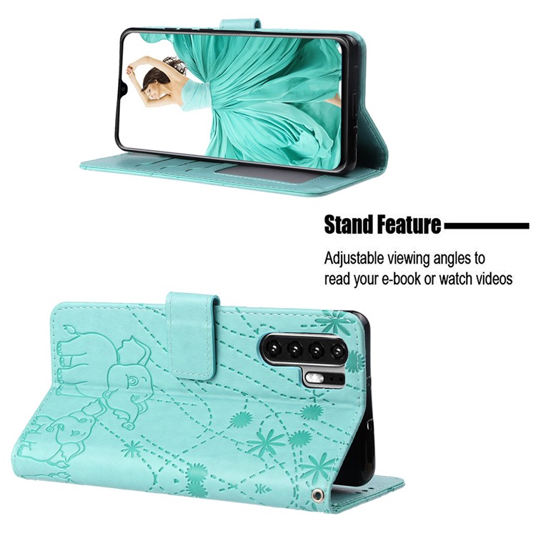 Imprinted Elephant Pattern Leather Wallet Stand Case for Huawei P30 Pro - Cyan-4