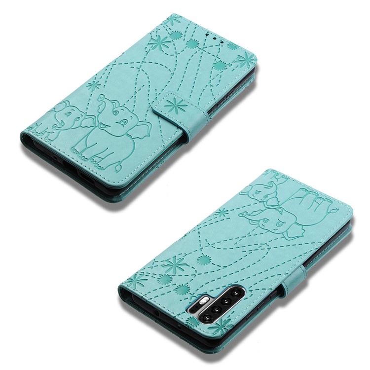 Imprinted Elephant Pattern Leather Wallet Stand Case for Huawei P30 Pro - Cyan-8