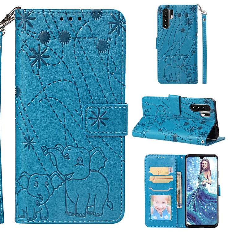 Imprinted Elephant Pattern Leather Wallet Stand Case for Huawei P30 Pro - Blue-1