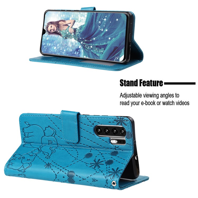 Imprinted Elephant Pattern Leather Wallet Stand Case for Huawei P30 Pro - Blue-4
