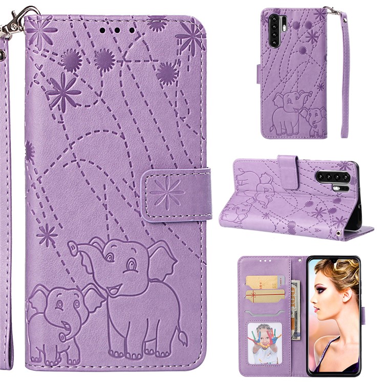 Imprinted Elephant Pattern Leather Wallet Stand Case for Huawei P30 Pro - Purple-1