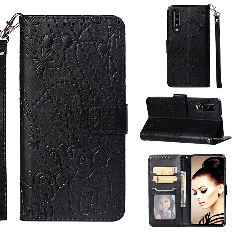 Imprinted Elephant Pattern Wallet Leather Stand Case for Huawei P30 - Black-1