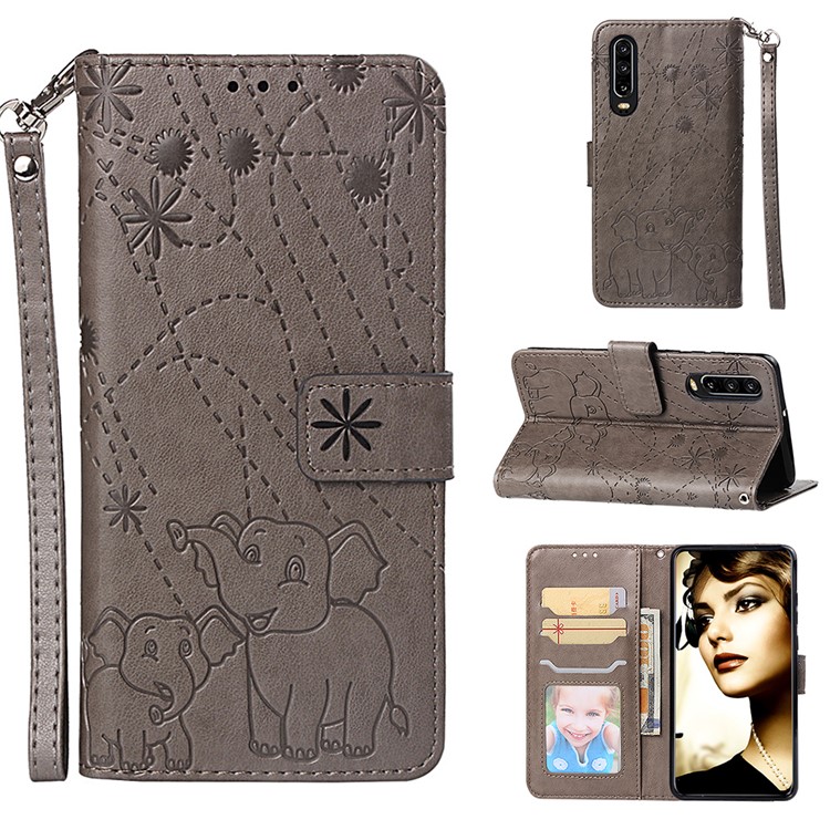 Imprinted Elephant Pattern Wallet Leather Stand Case for Huawei P30 - Grey-1