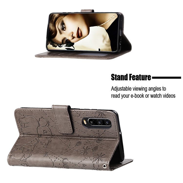 Imprinted Elephant Pattern Wallet Leather Stand Case for Huawei P30 - Grey-4