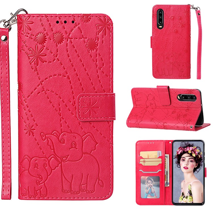 Imprinted Elephant Pattern Wallet Leather Stand Case for Huawei P30 - Rose-1