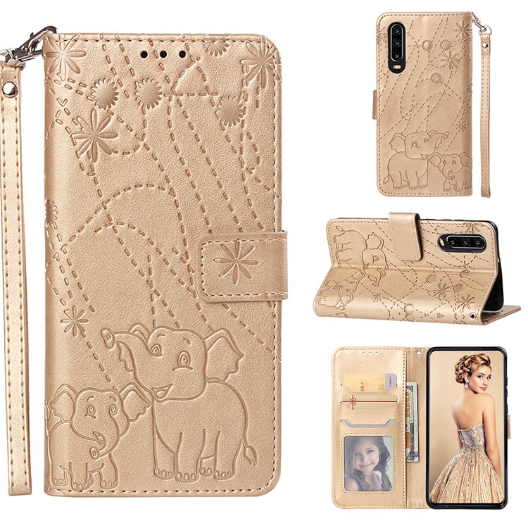 Imprinted Elephant Pattern Wallet Leather Stand Case for Huawei P30 - Gold-1