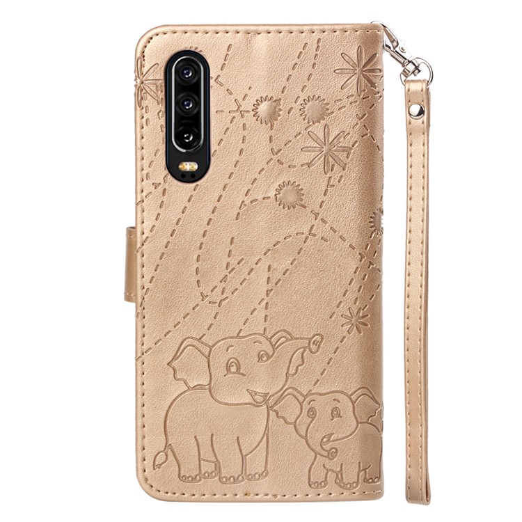 Imprinted Elephant Pattern Wallet Leather Stand Case for Huawei P30 - Gold-3