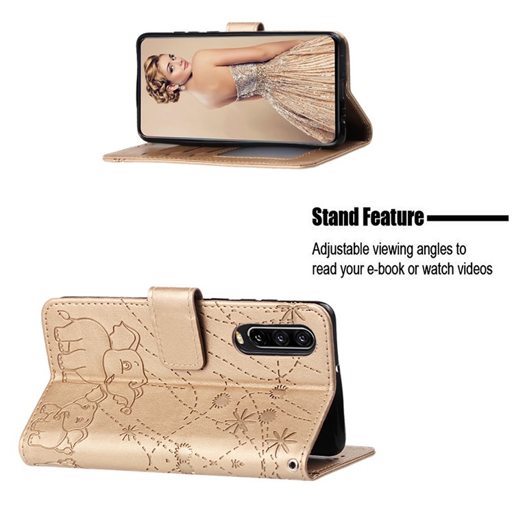 Imprinted Elephant Pattern Wallet Leather Stand Case for Huawei P30 - Gold-4