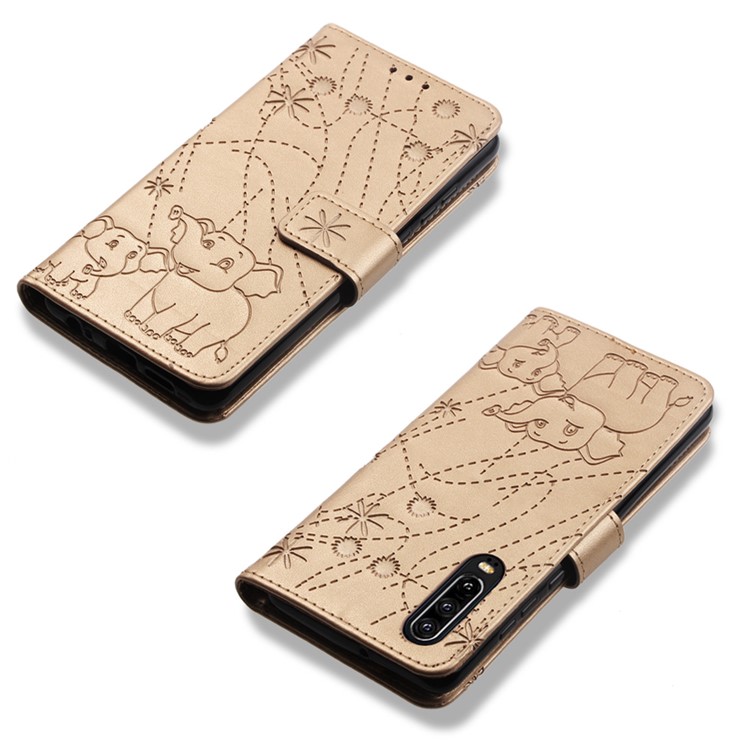 Imprinted Elephant Pattern Wallet Leather Stand Case for Huawei P30 - Gold-8