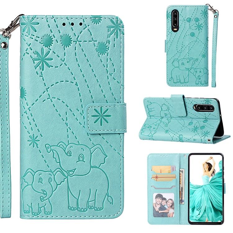Imprinted Elephant Pattern Wallet Leather Stand Case for Huawei P30 - Cyan-1