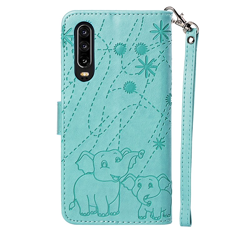 Imprinted Elephant Pattern Wallet Leather Stand Case for Huawei P30 - Cyan-3